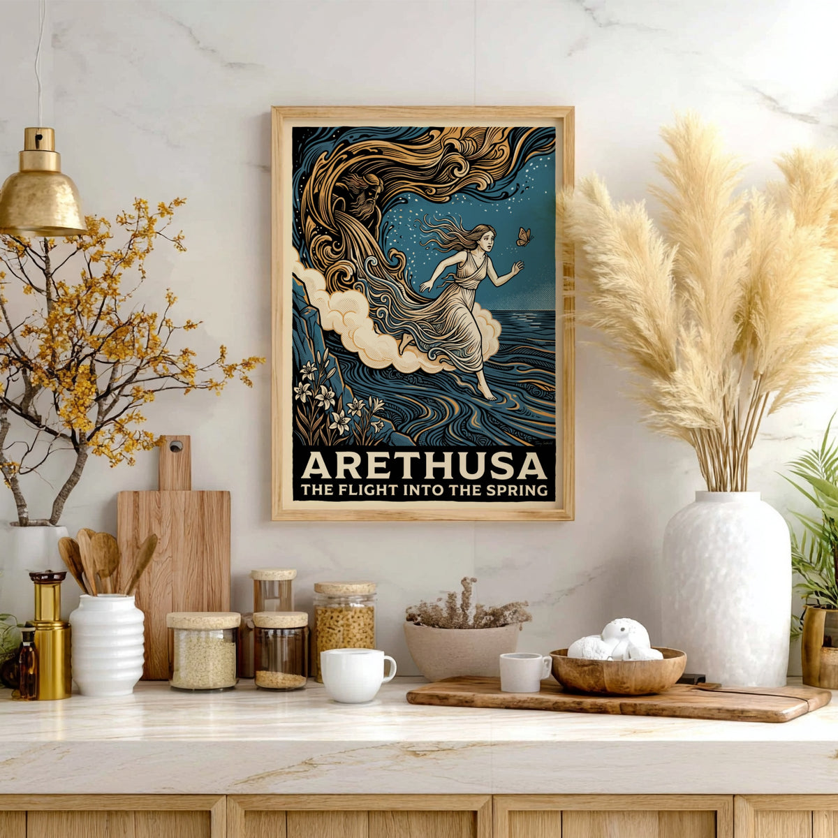 Poster featuring Arethusa fleeing from a river god in a blue woodcut style