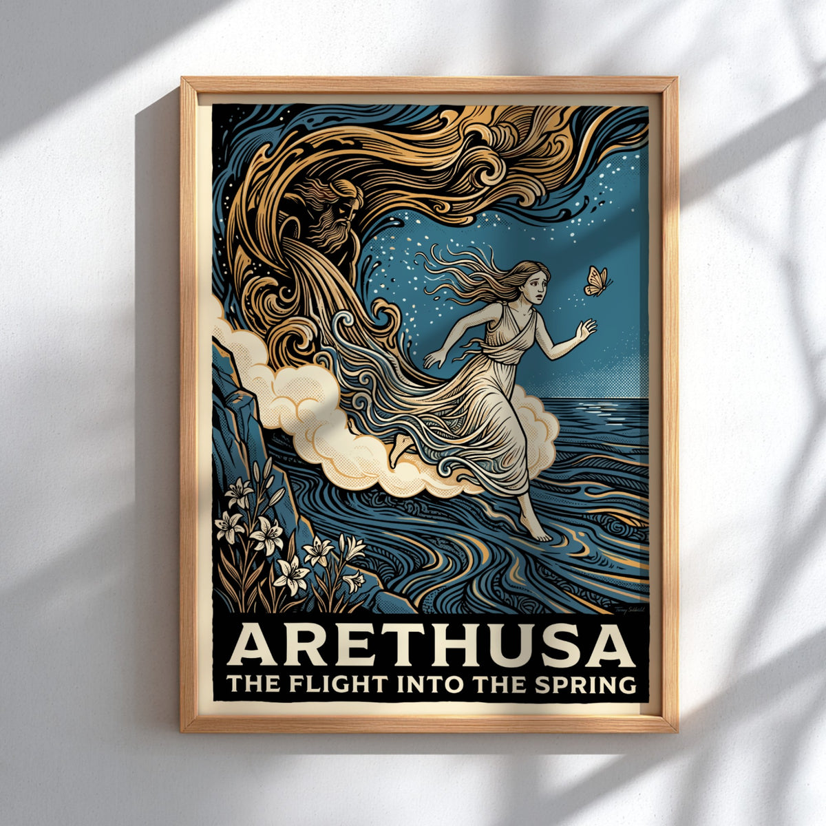 Poster featuring Arethusa fleeing from a river god in a blue woodcut style