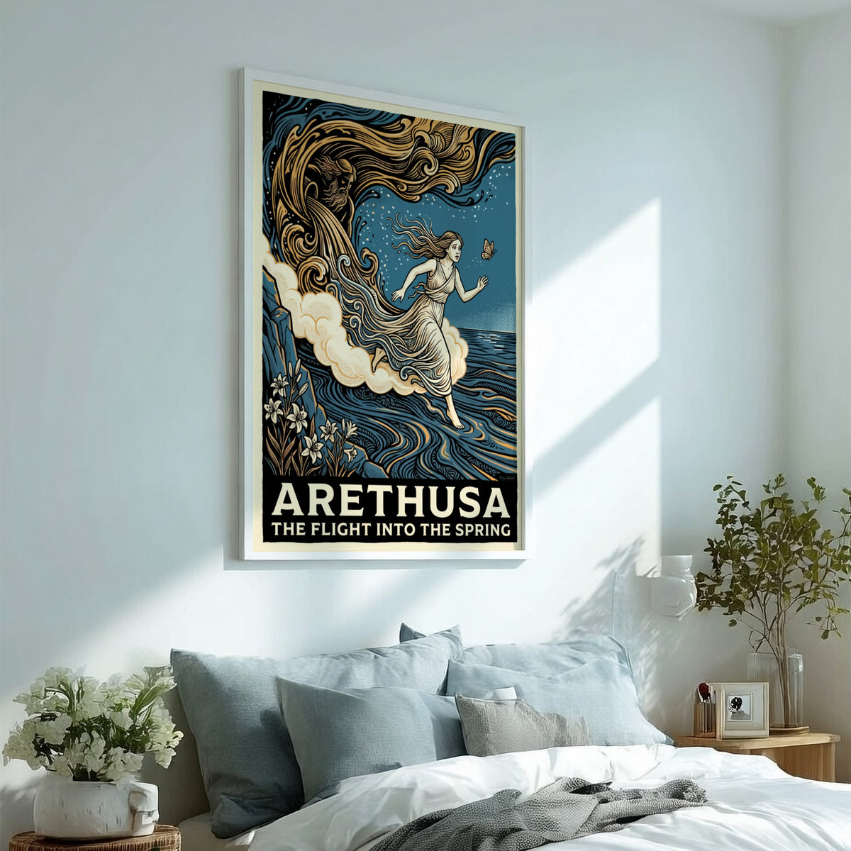Poster featuring Arethusa fleeing from a river god in a blue woodcut style
