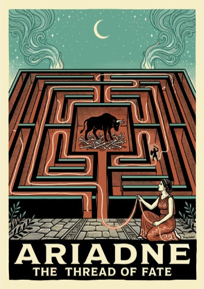 Ariadne's Labyrinth Greek mythology poster in terracotta and teal, featuring the Minotaur and Ariadne.