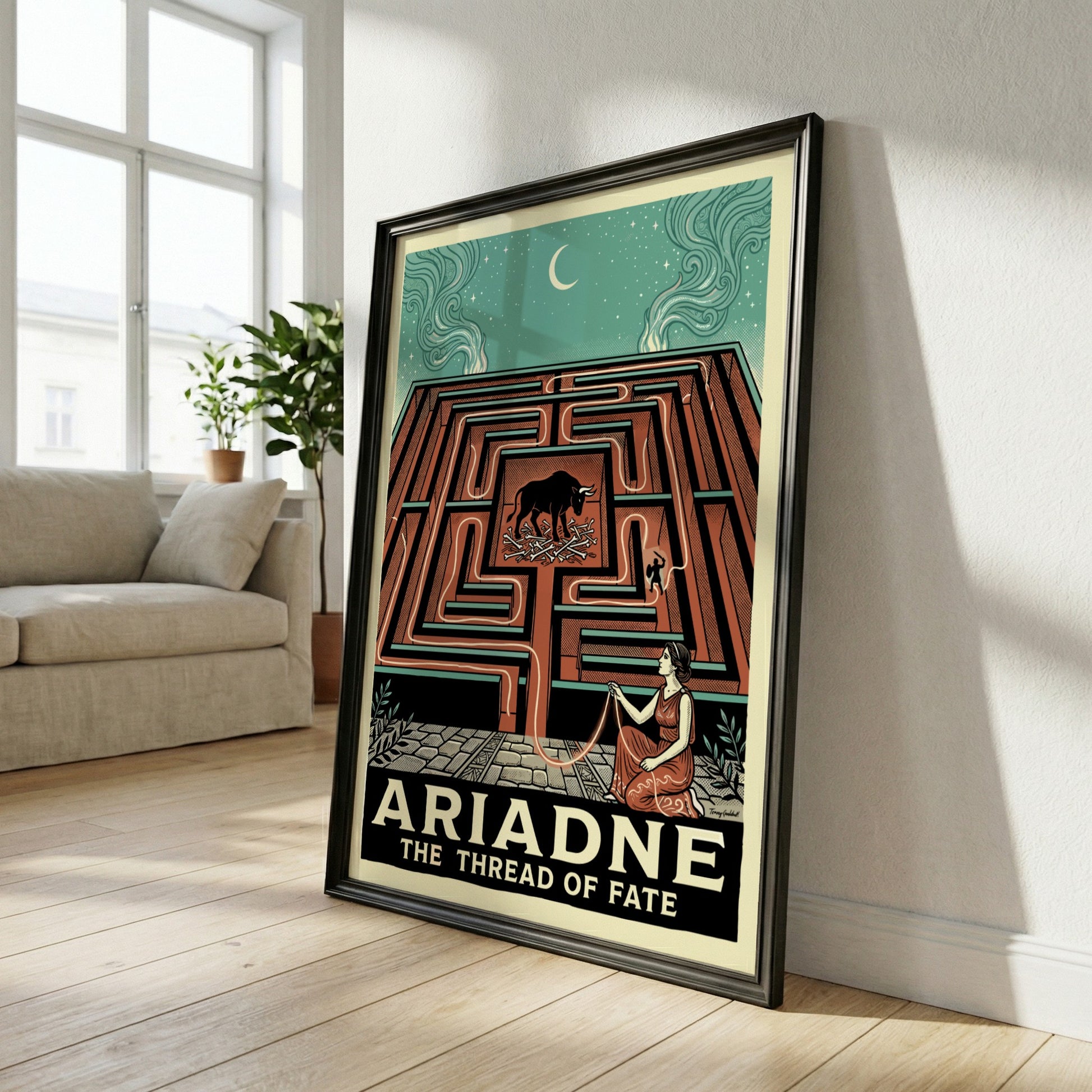 Ariadne's Labyrinth Greek mythology poster in terracotta and teal, featuring the Minotaur and Ariadne.