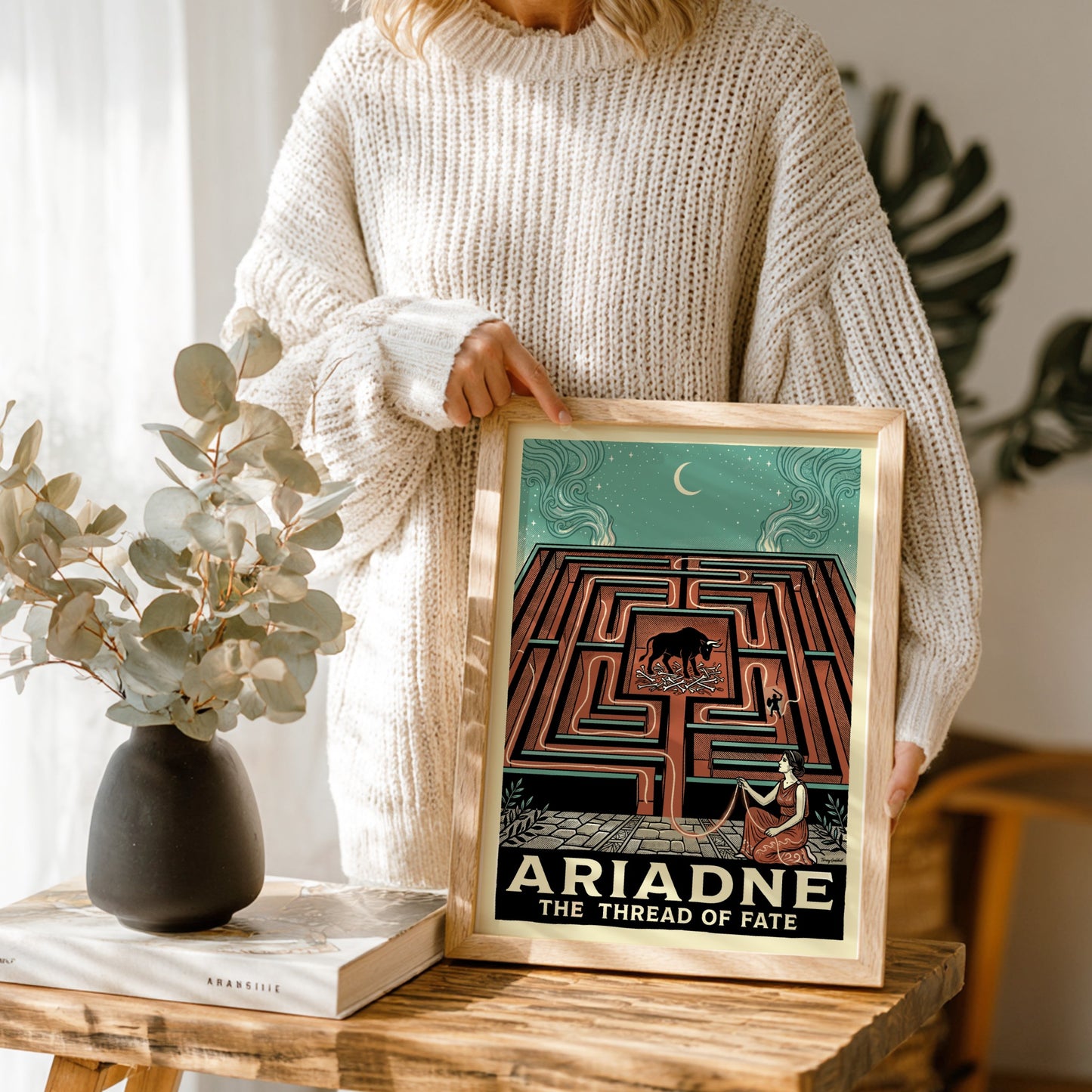 Ariadne's Labyrinth Greek mythology poster in terracotta and teal, featuring the Minotaur and Ariadne.