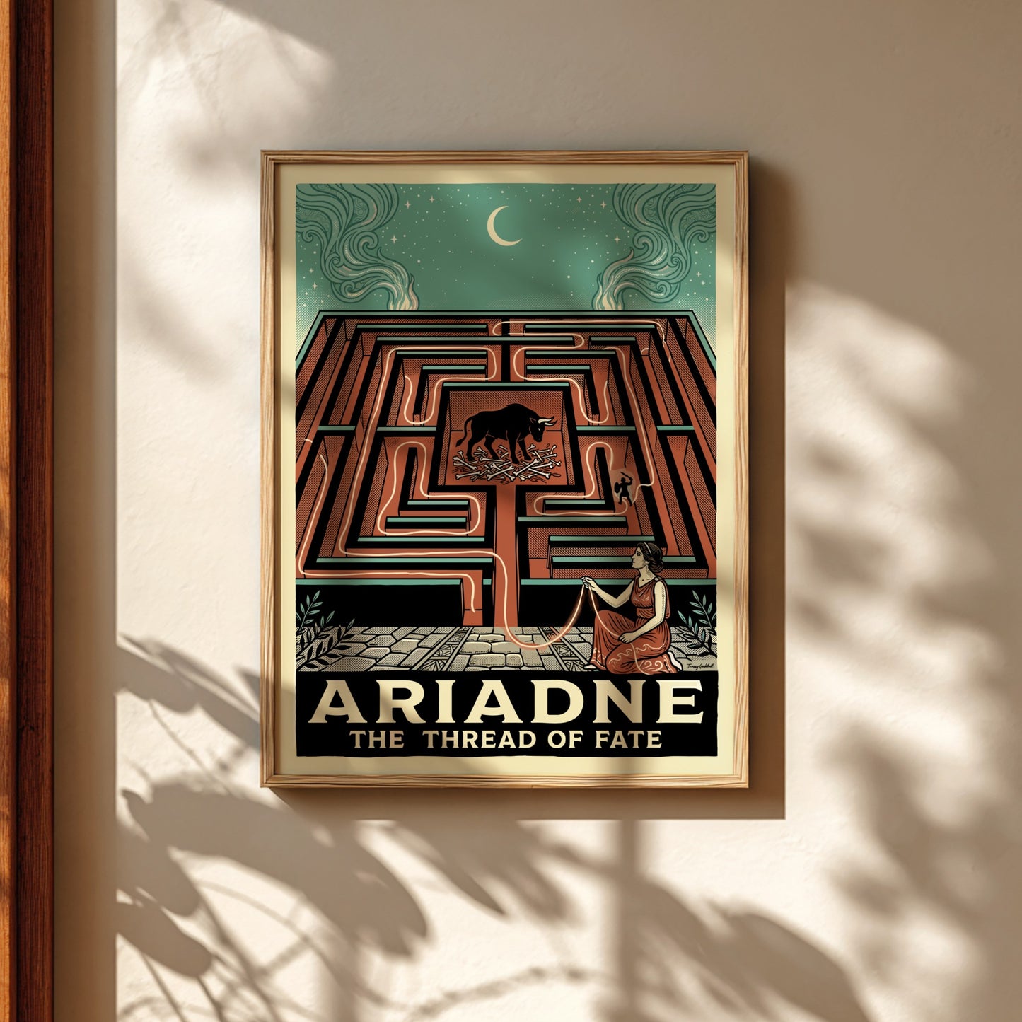 Ariadne's Labyrinth Greek mythology poster in terracotta and teal, featuring the Minotaur and Ariadne.