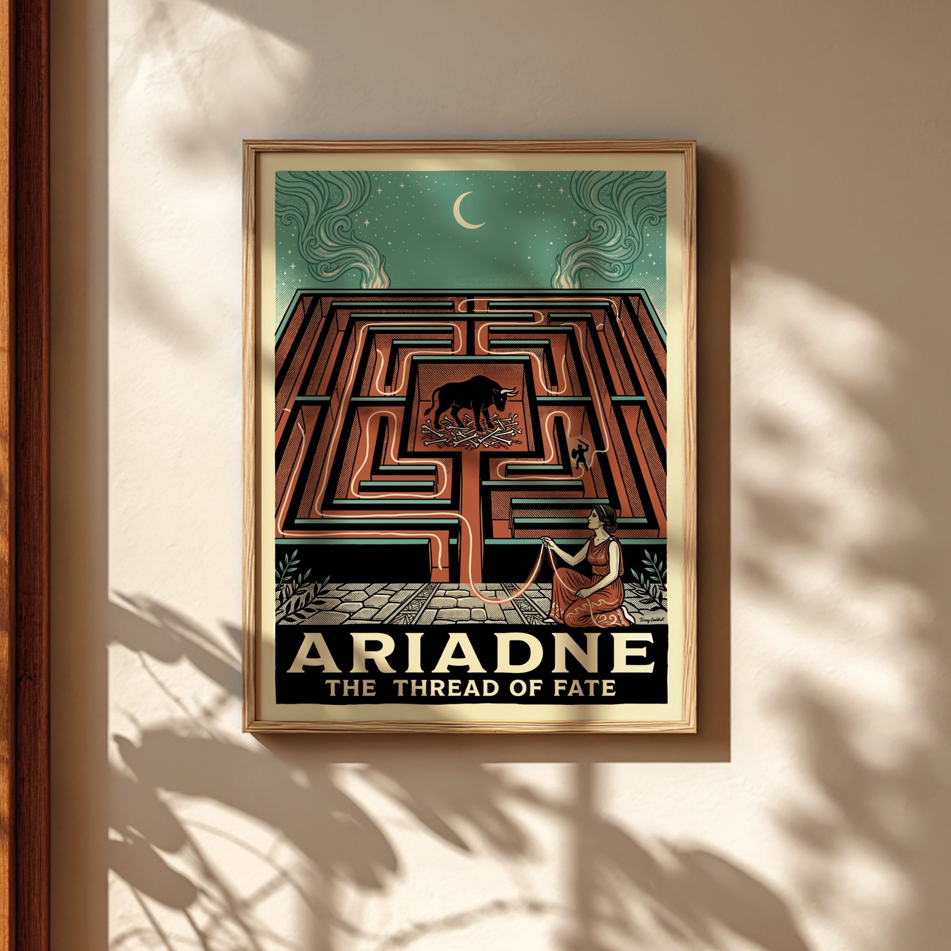 Ariadne's Labyrinth Greek mythology poster in terracotta and teal, featuring the Minotaur and Ariadne.