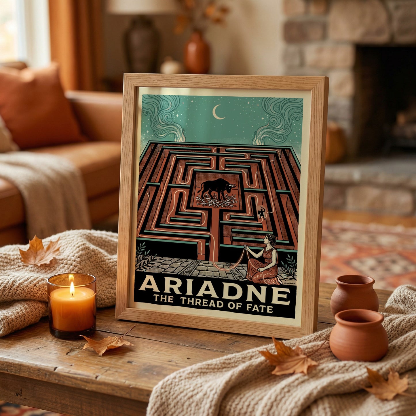 Ariadne's Labyrinth Greek mythology poster in terracotta and teal, featuring the Minotaur and Ariadne.
