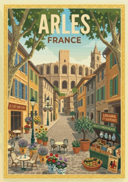 Arles, France travel poster featuring a charming street scene with buildings, flowers, and Roman amphitheater