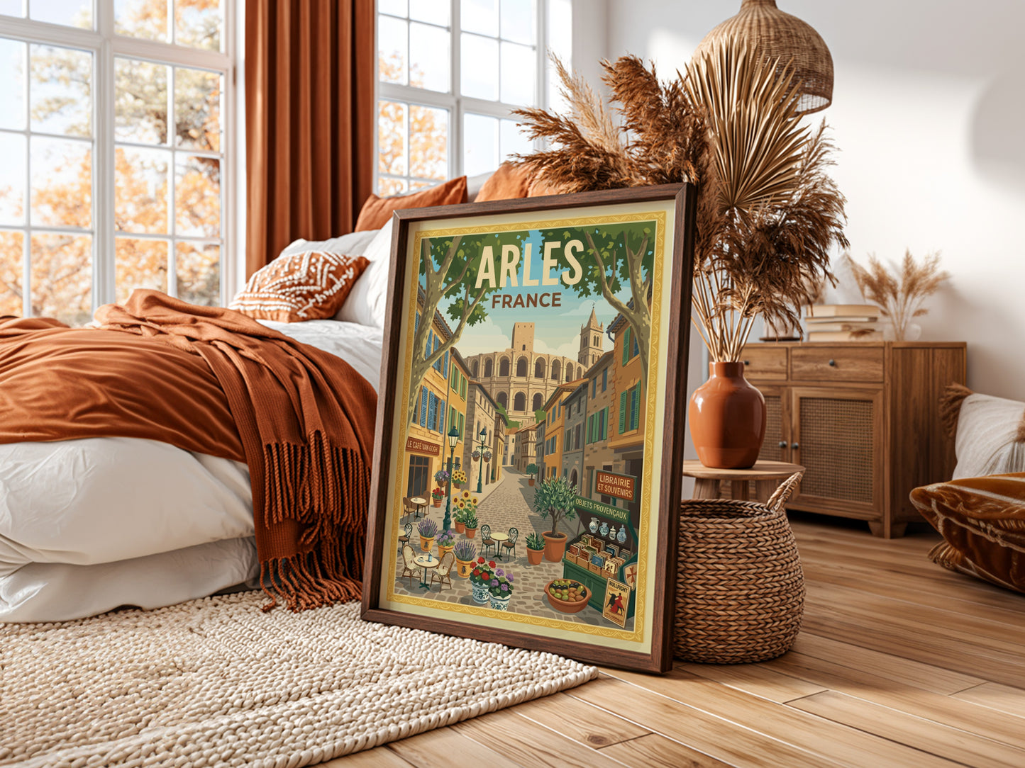 Arles, France travel poster featuring a charming street scene with buildings, flowers, and Roman amphitheater