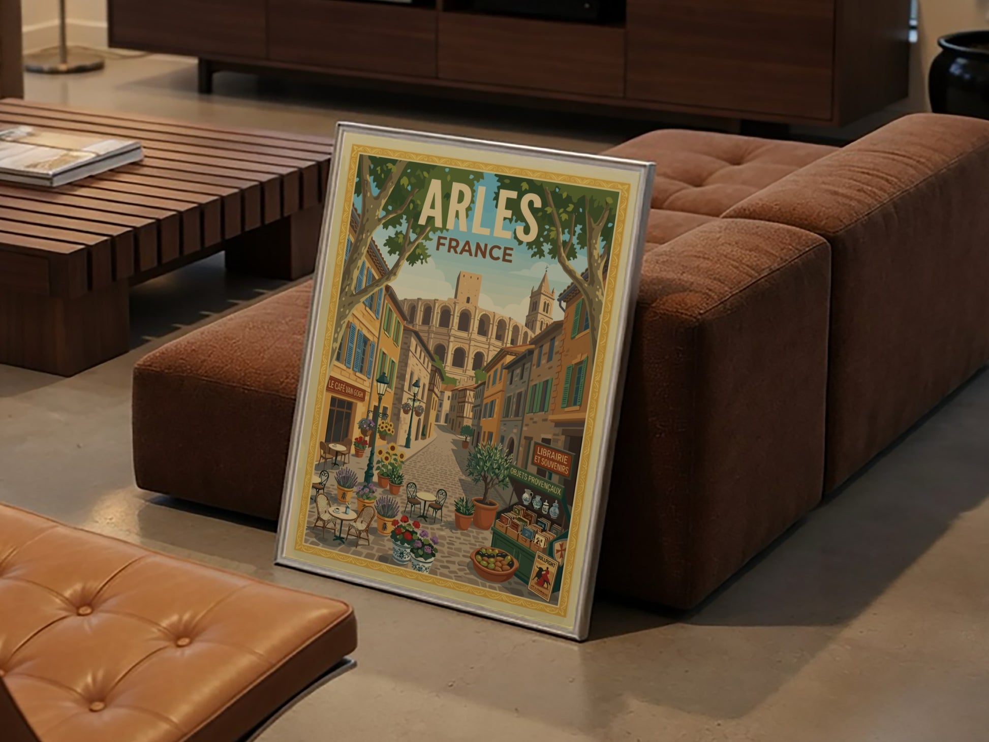 Arles, France travel poster featuring a charming street scene with buildings, flowers, and Roman amphitheater