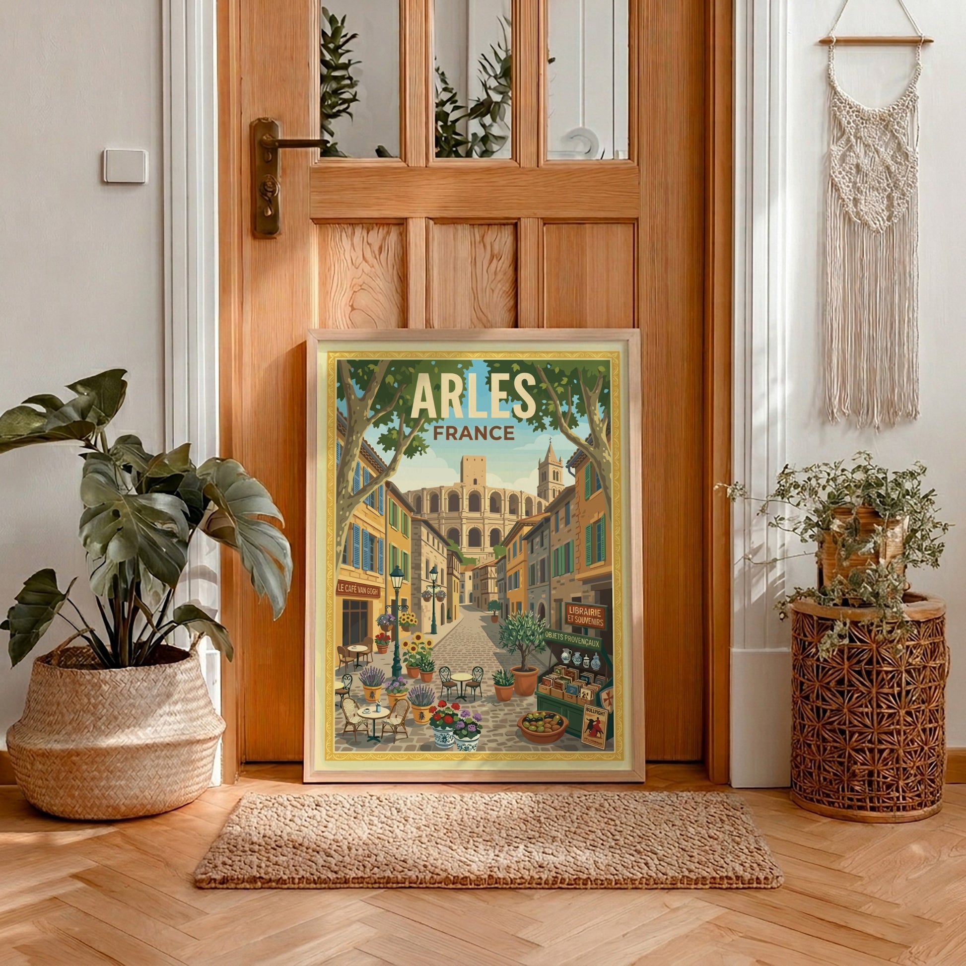Arles, France travel poster featuring a charming street scene with buildings, flowers, and Roman amphitheater