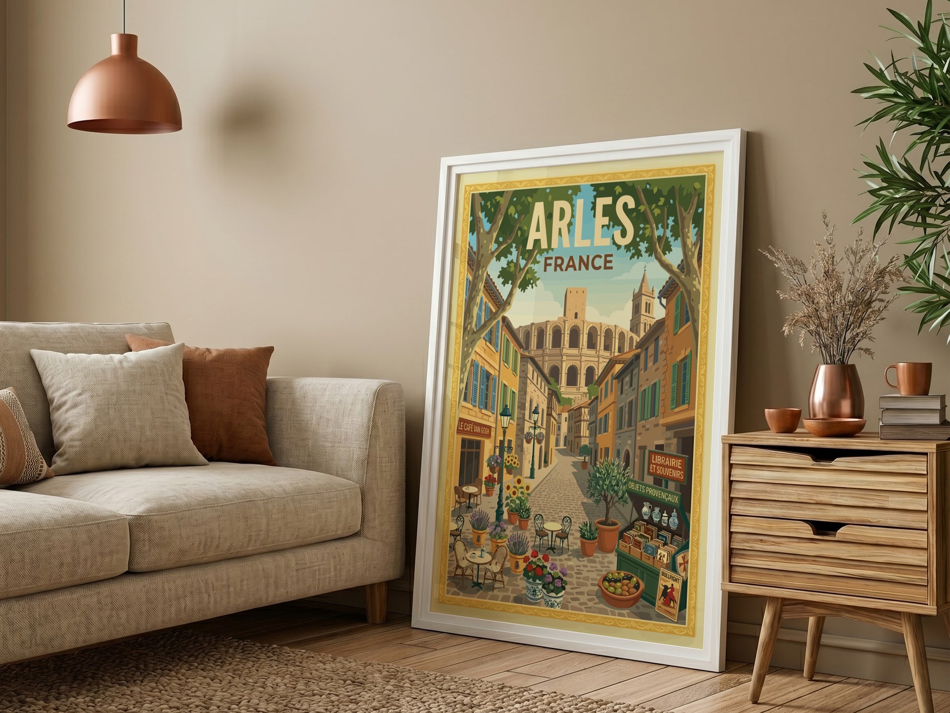 Arles, France travel poster featuring a charming street scene with buildings, flowers, and Roman amphitheater
