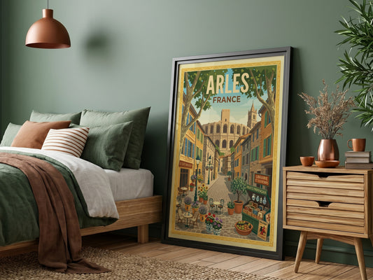 Arles, France travel poster featuring a charming street scene with buildings, flowers, and Roman amphitheater