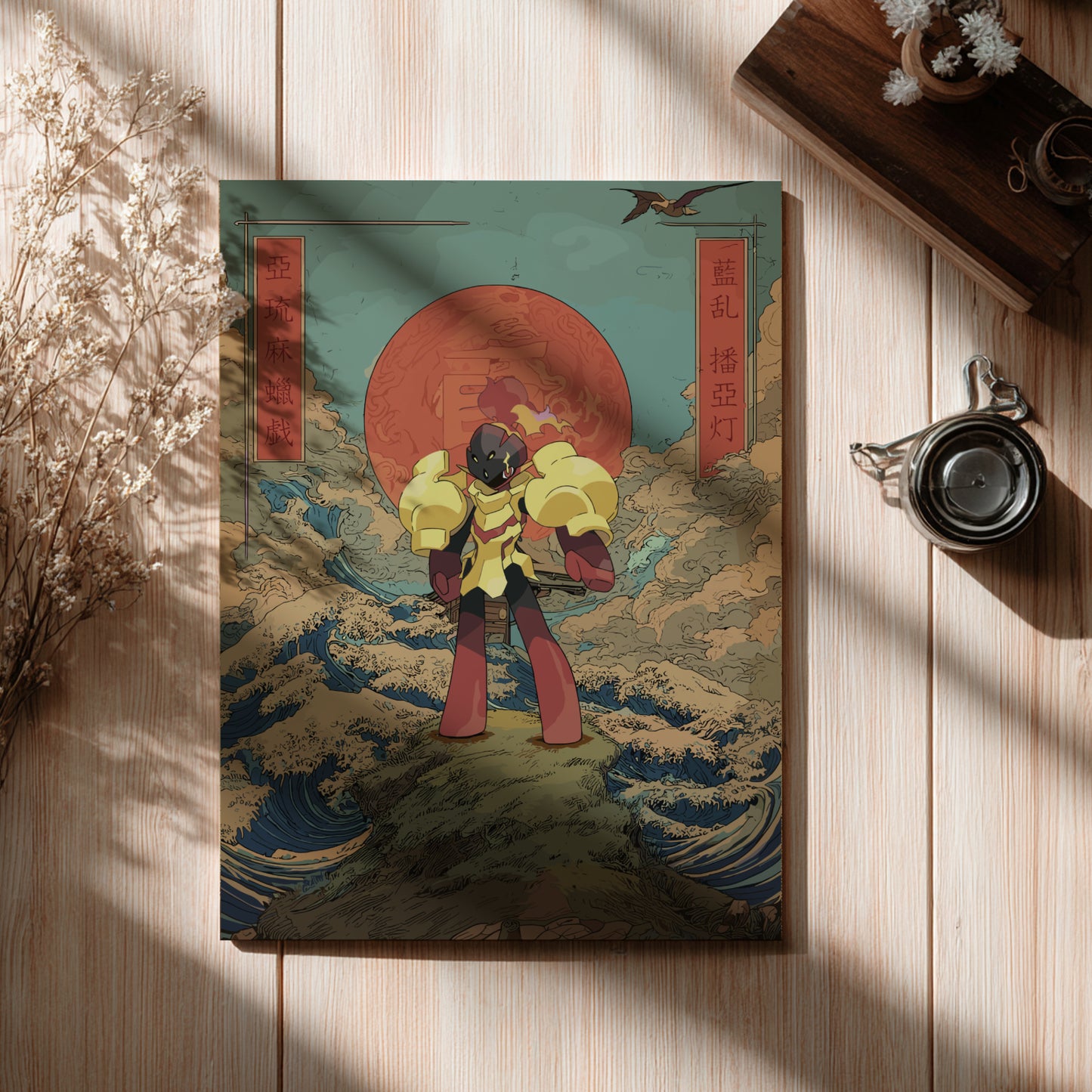 Canvas print of Armarouge Pokemon  against a mountainous landscape on a wooden surface.