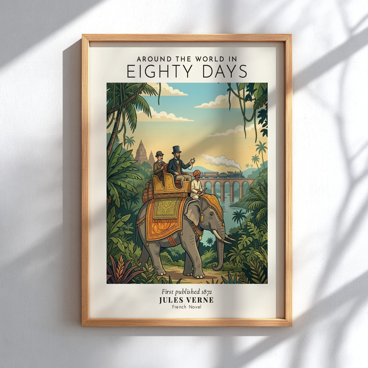 Poster featuring two men riding an elephant past a train with classic book title text.