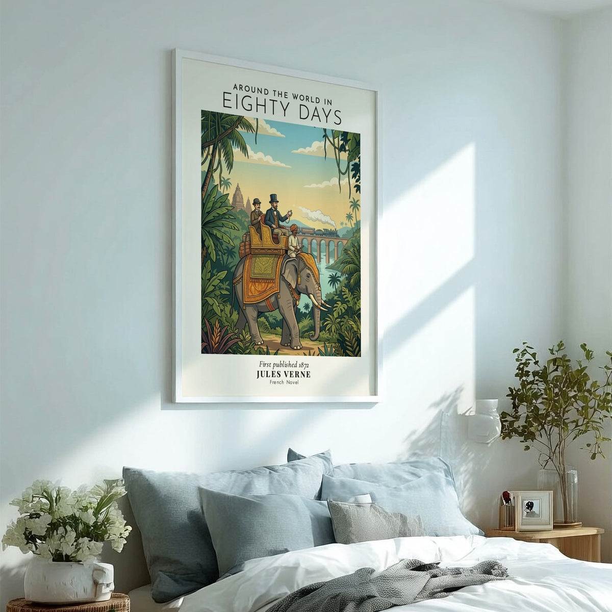 Poster featuring two men riding an elephant past a train with classic book title text.