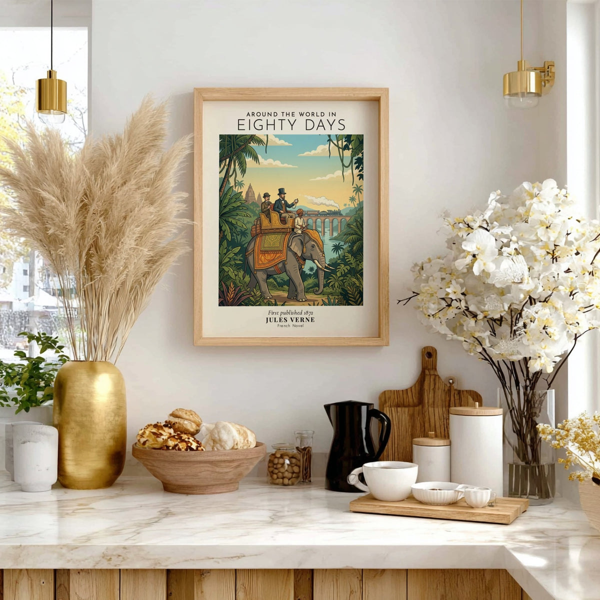 Poster featuring two men riding an elephant past a train with classic book title text.