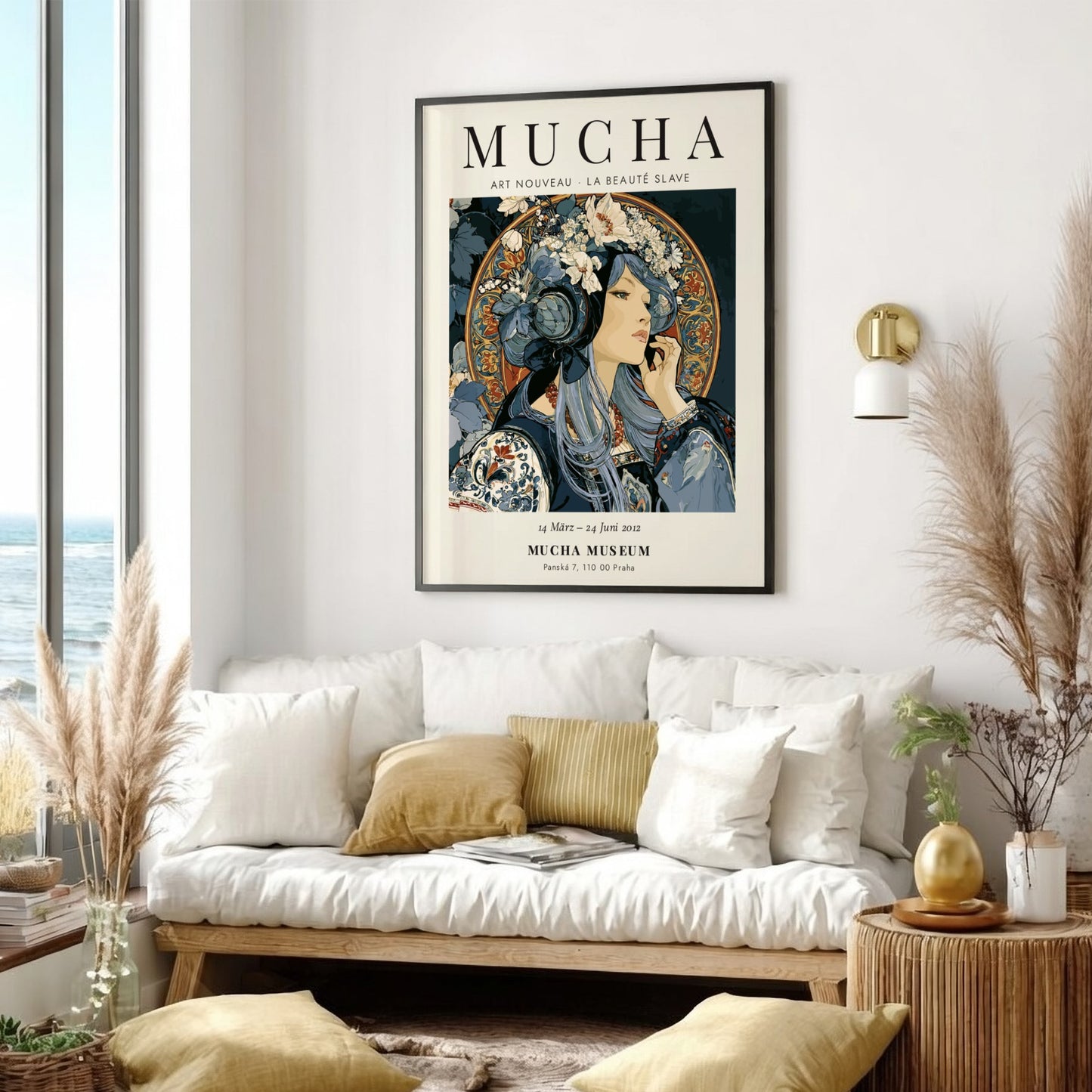 Alphonse Mucha poster featuring Art Nouveau style with intricate details and soft colors