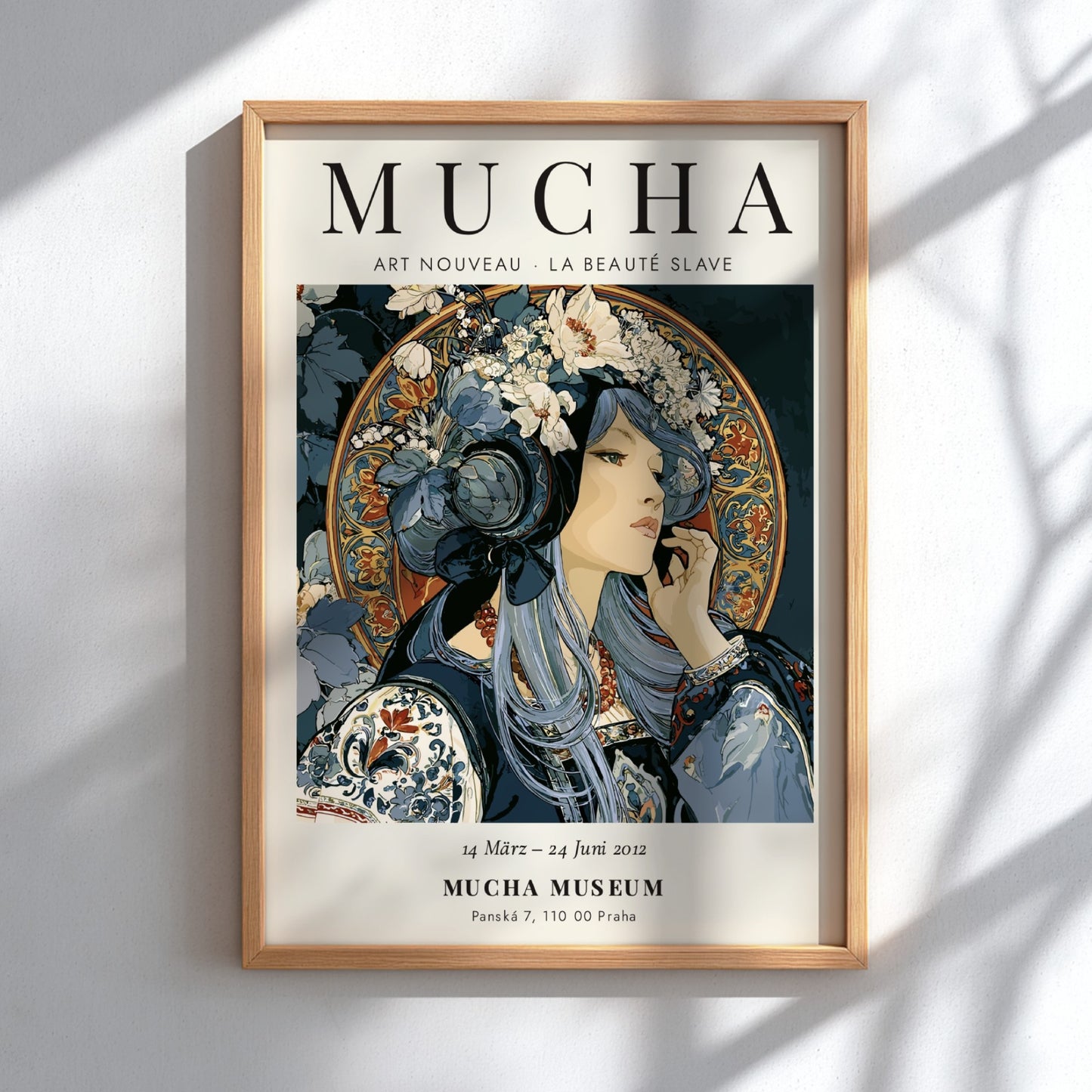 Alphonse Mucha poster featuring Art Nouveau style with intricate details and soft colors