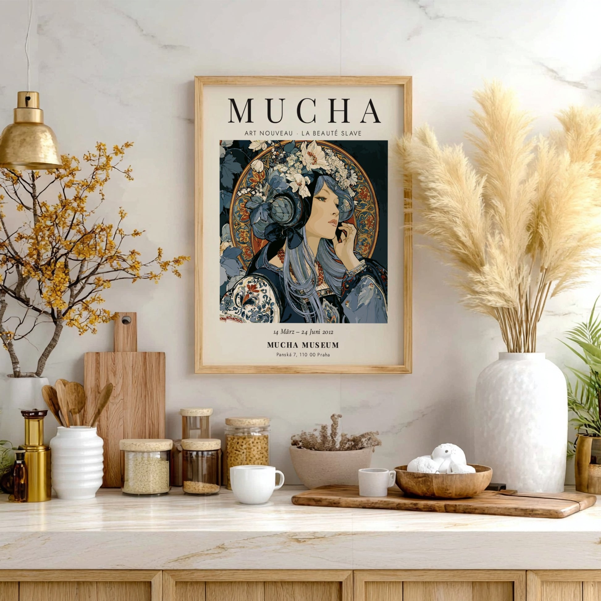 Alphonse Mucha poster featuring Art Nouveau style with intricate details and soft colors