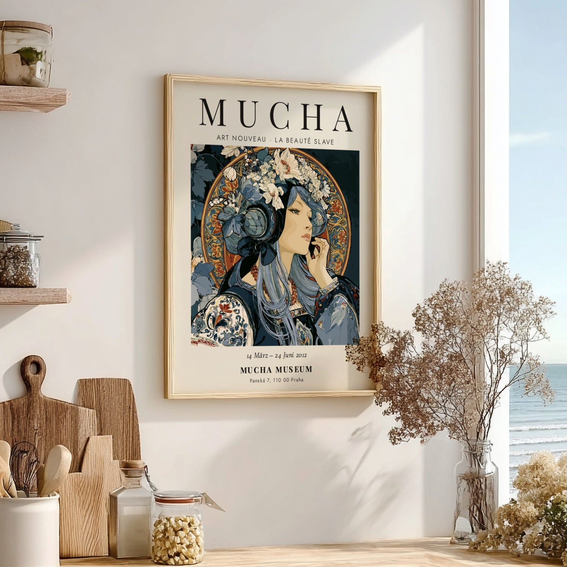 Alphonse Mucha poster featuring Art Nouveau style with intricate details and soft colors