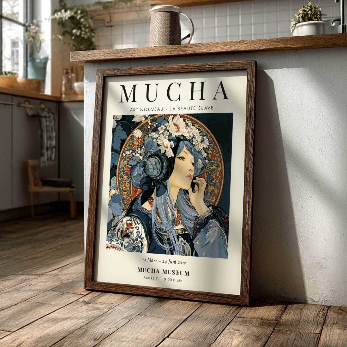 Alphonse Mucha poster featuring Art Nouveau style with intricate details and soft colors
