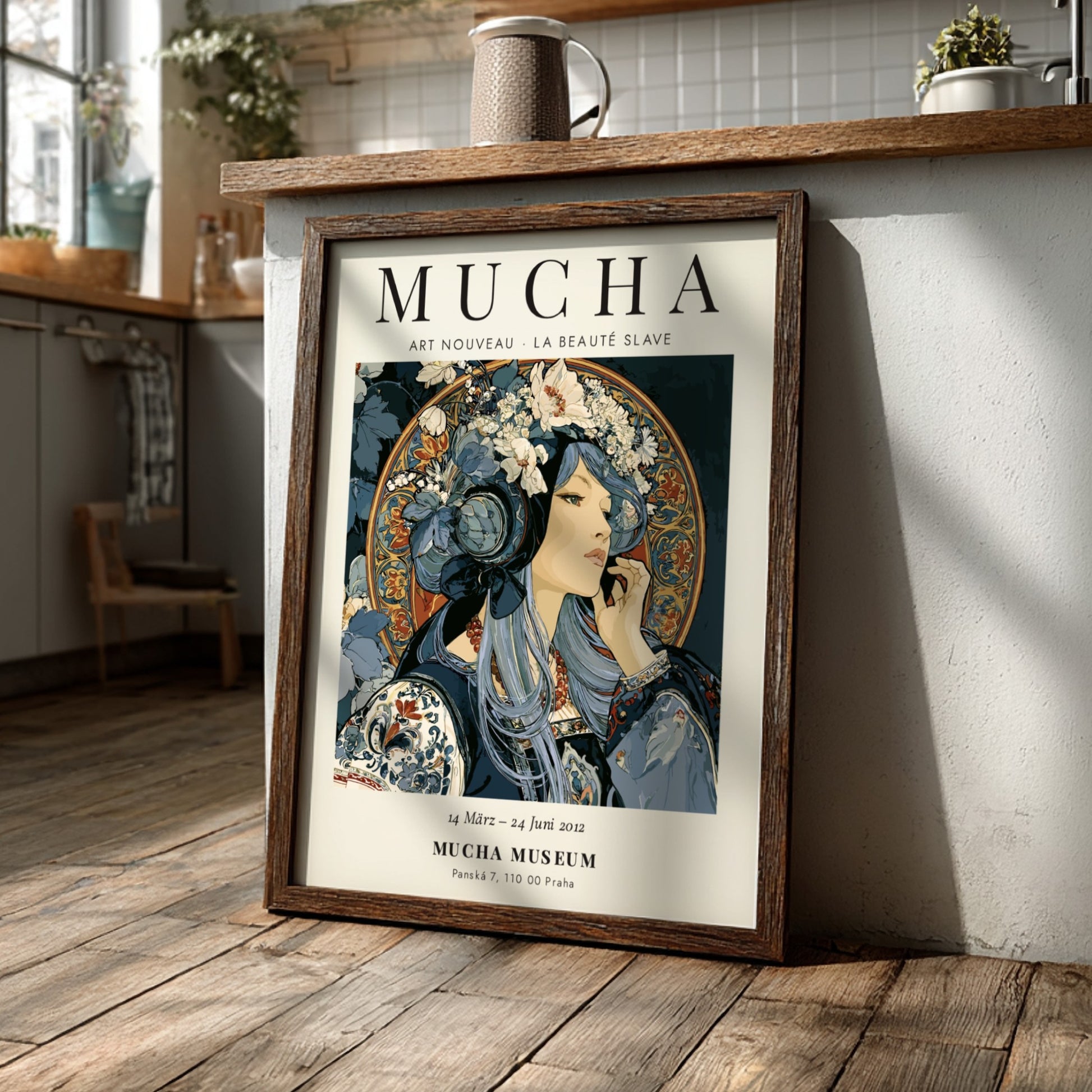 Alphonse Mucha poster featuring Art Nouveau style with intricate details and soft colors