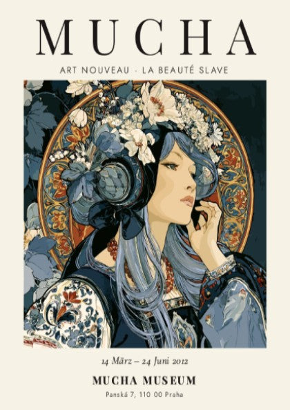 Alphonse Mucha poster featuring Art Nouveau style with intricate details and soft colors