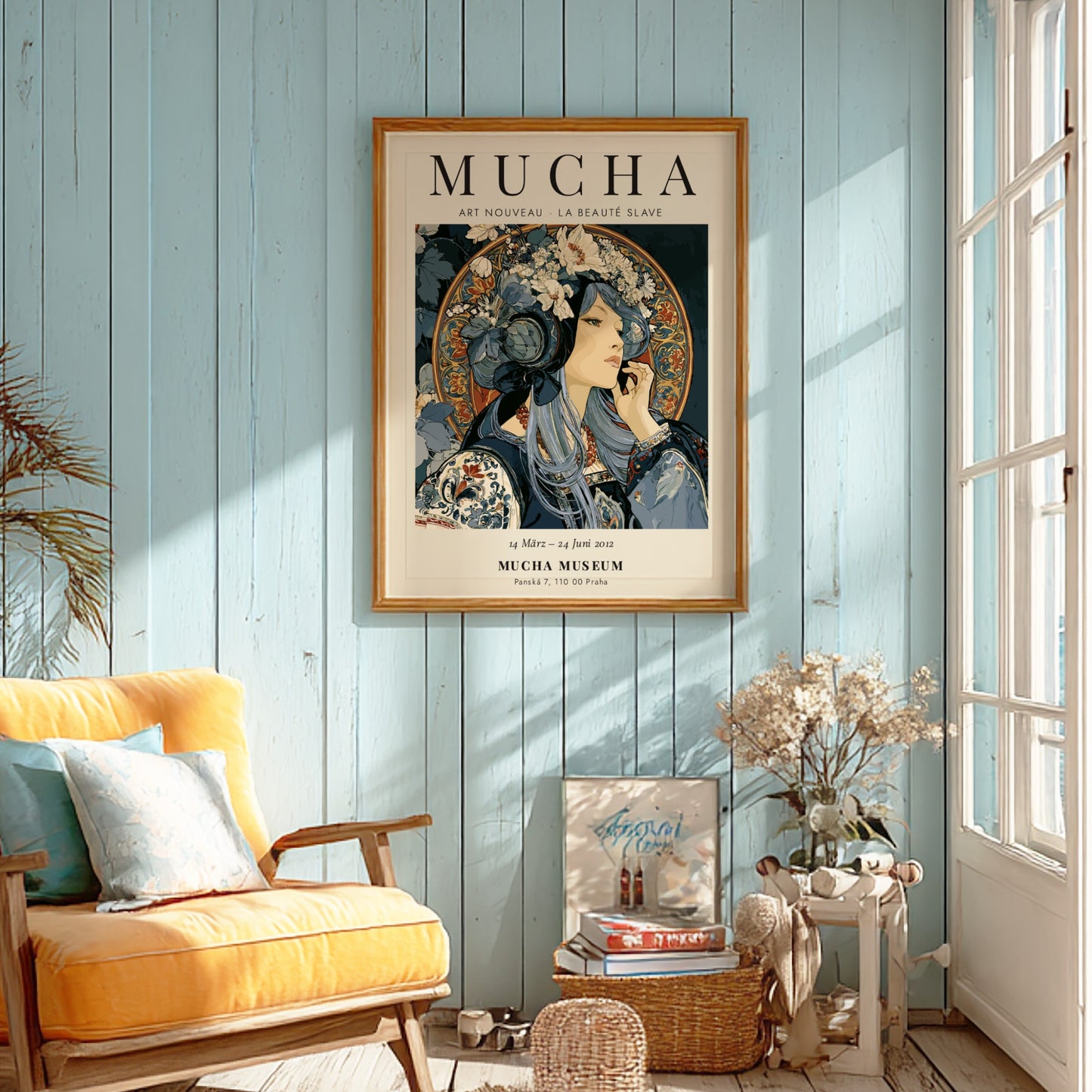 Alphonse Mucha poster featuring Art Nouveau style with intricate details and soft colors
