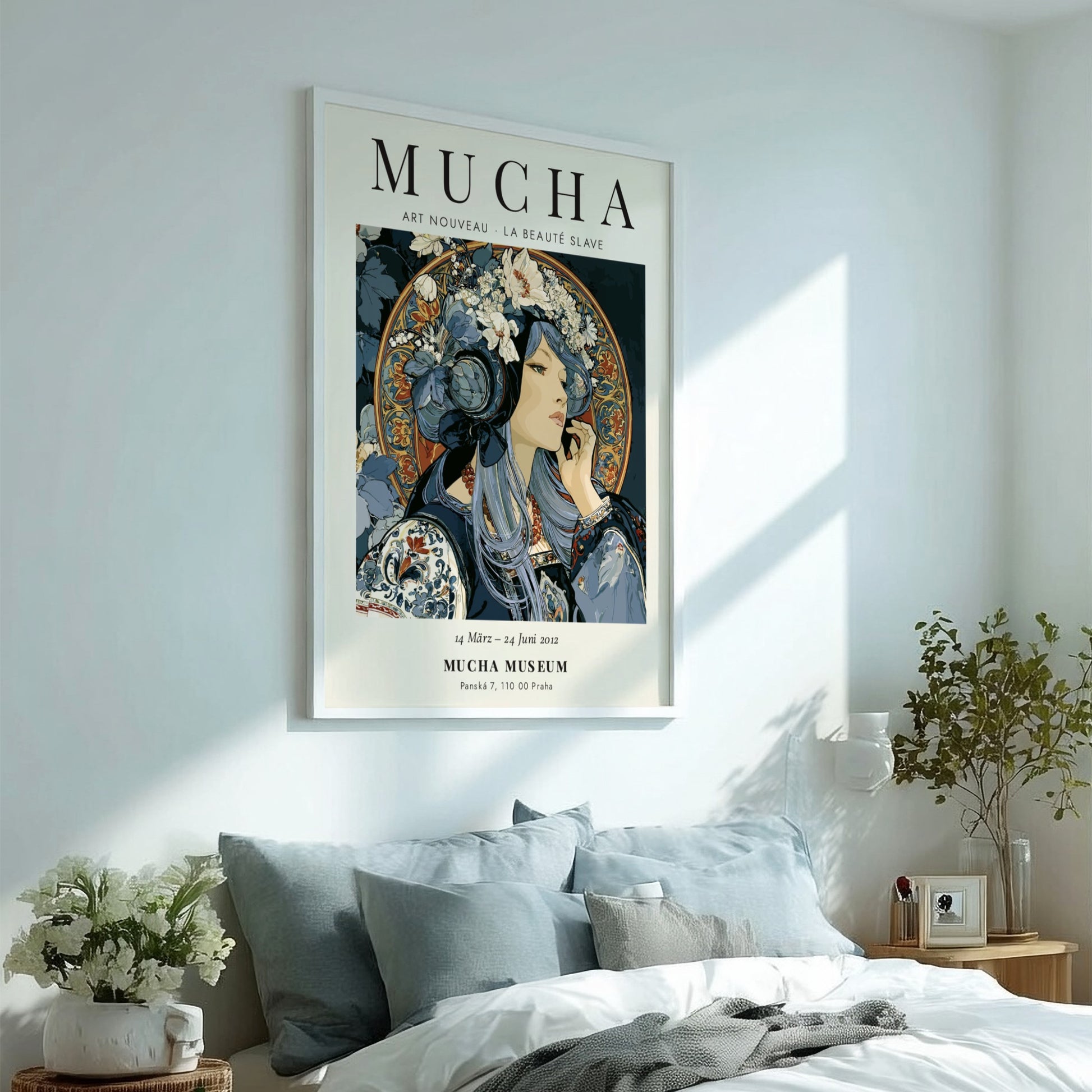 Alphonse Mucha poster featuring Art Nouveau style with intricate details and soft colors
