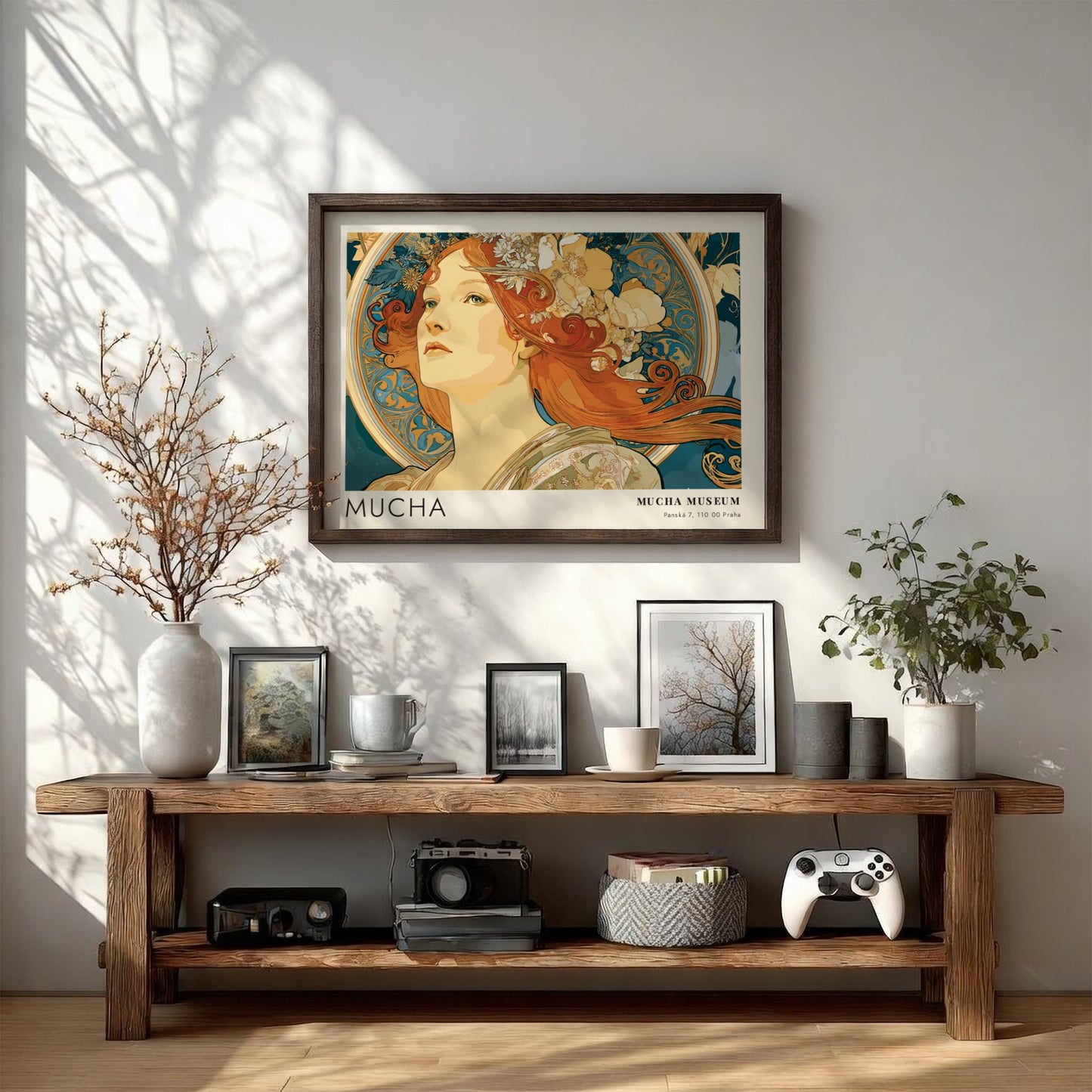 Wall art poster featuring Alphonse Mucha’s La Beaute Slave in blue and ochre tones.