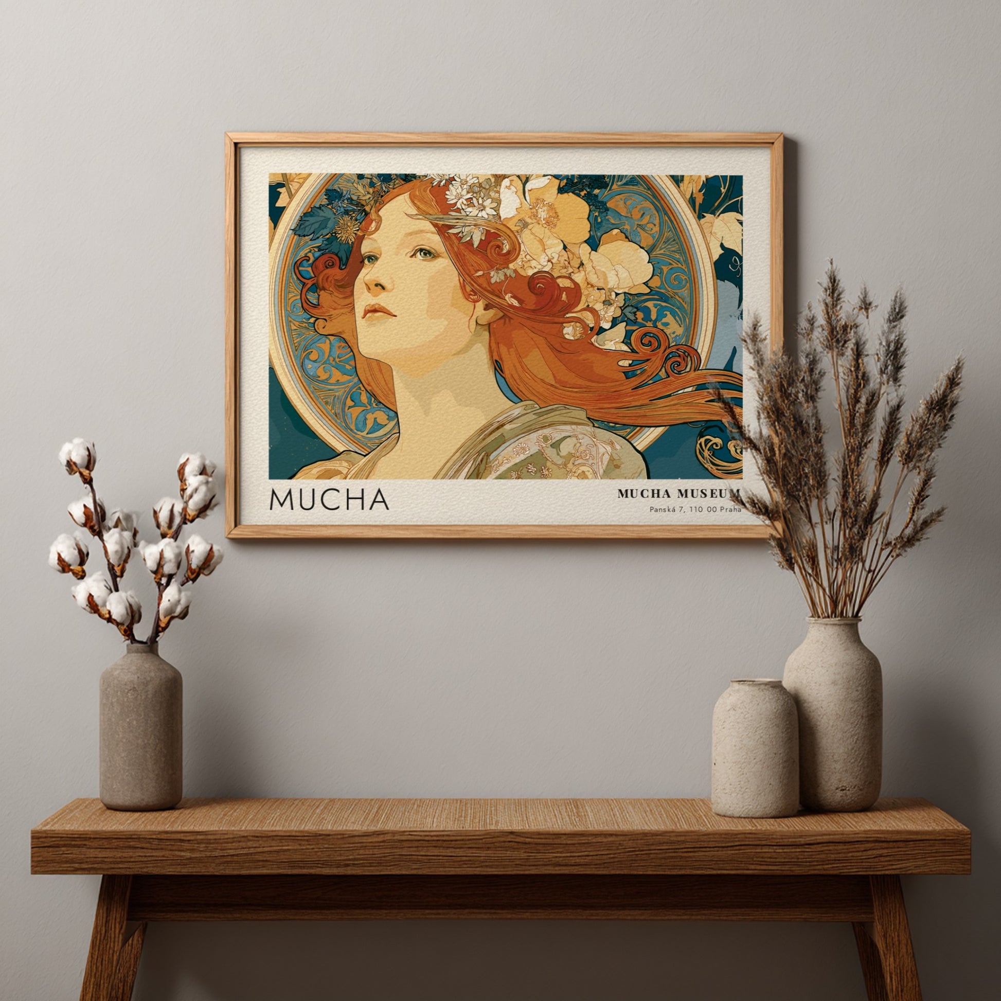 Wall art poster featuring Alphonse Mucha’s La Beaute Slave in blue and ochre tones.