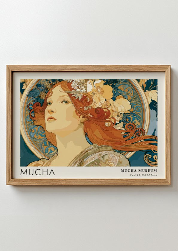 Wall art poster featuring Alphonse Mucha’s La Beaute Slave in blue and ochre tones.