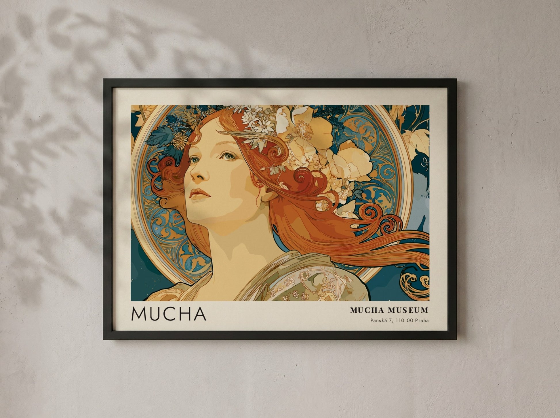 Wall art poster featuring Alphonse Mucha’s La Beaute Slave in blue and ochre tones.