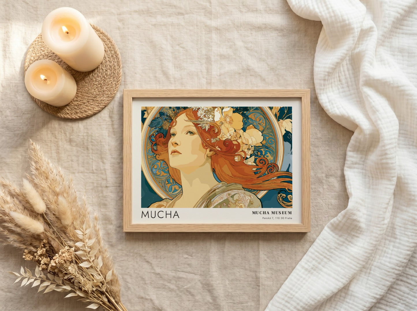 Wall art poster featuring Alphonse Mucha’s La Beaute Slave in blue and ochre tones.