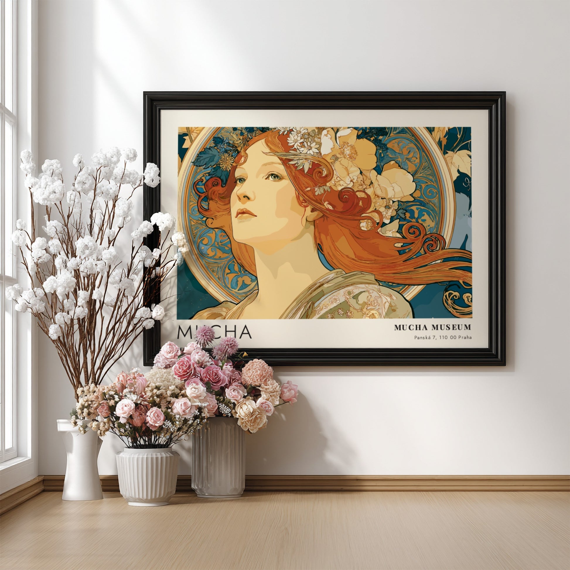 Wall art poster featuring Alphonse Mucha’s La Beaute Slave in blue and ochre tones.