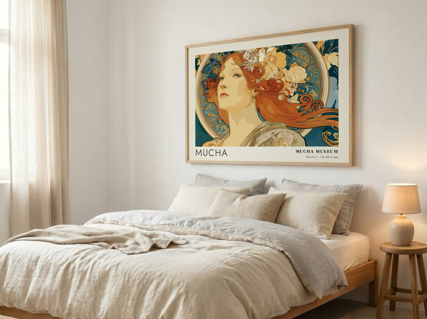Wall art poster featuring Alphonse Mucha’s La Beaute Slave in blue and ochre tones.