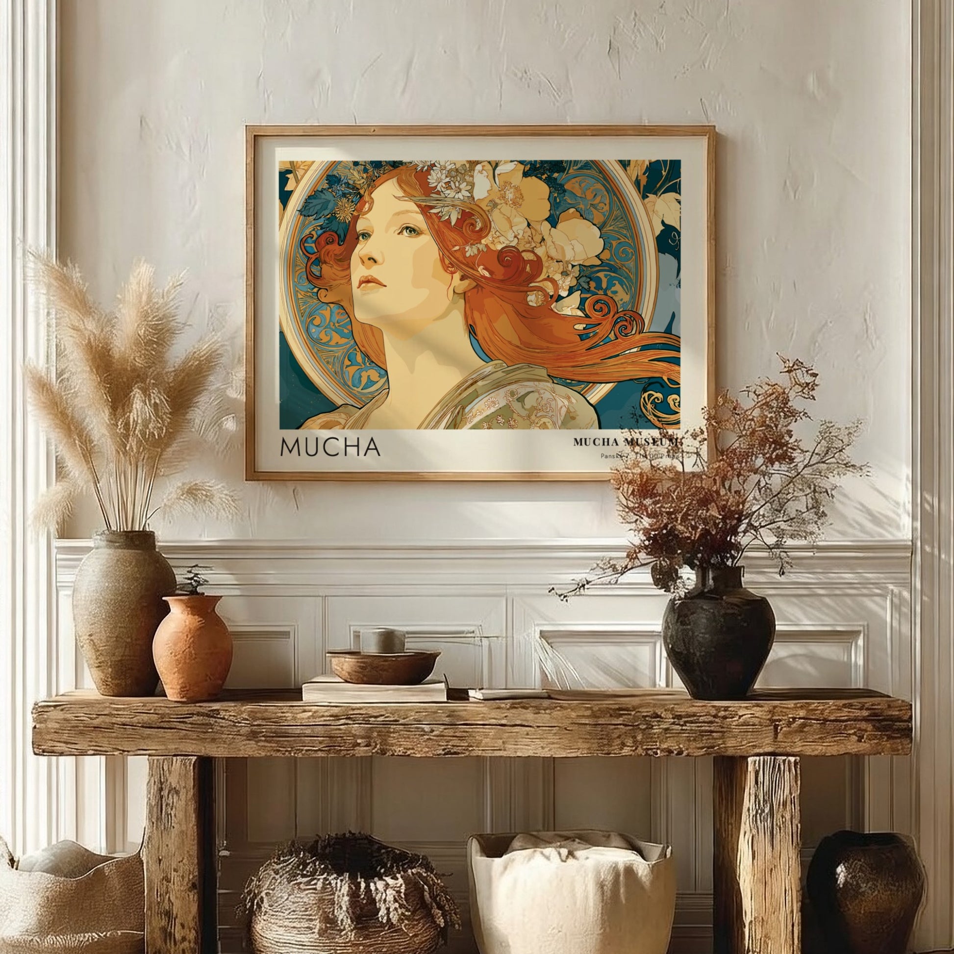 Wall art poster featuring Alphonse Mucha’s La Beaute Slave in blue and ochre tones.