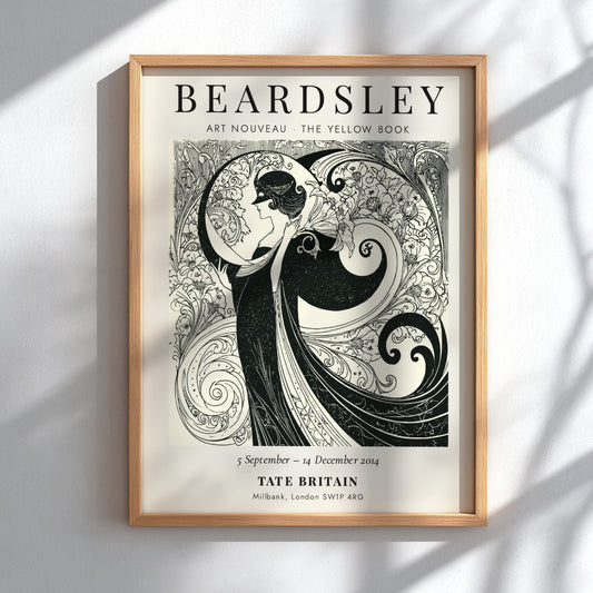 Aubrey Beardsley poster featuring intricate Art Nouveau design in monochrome tones