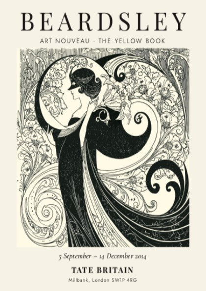 Aubrey Beardsley poster featuring intricate Art Nouveau design in monochrome tones