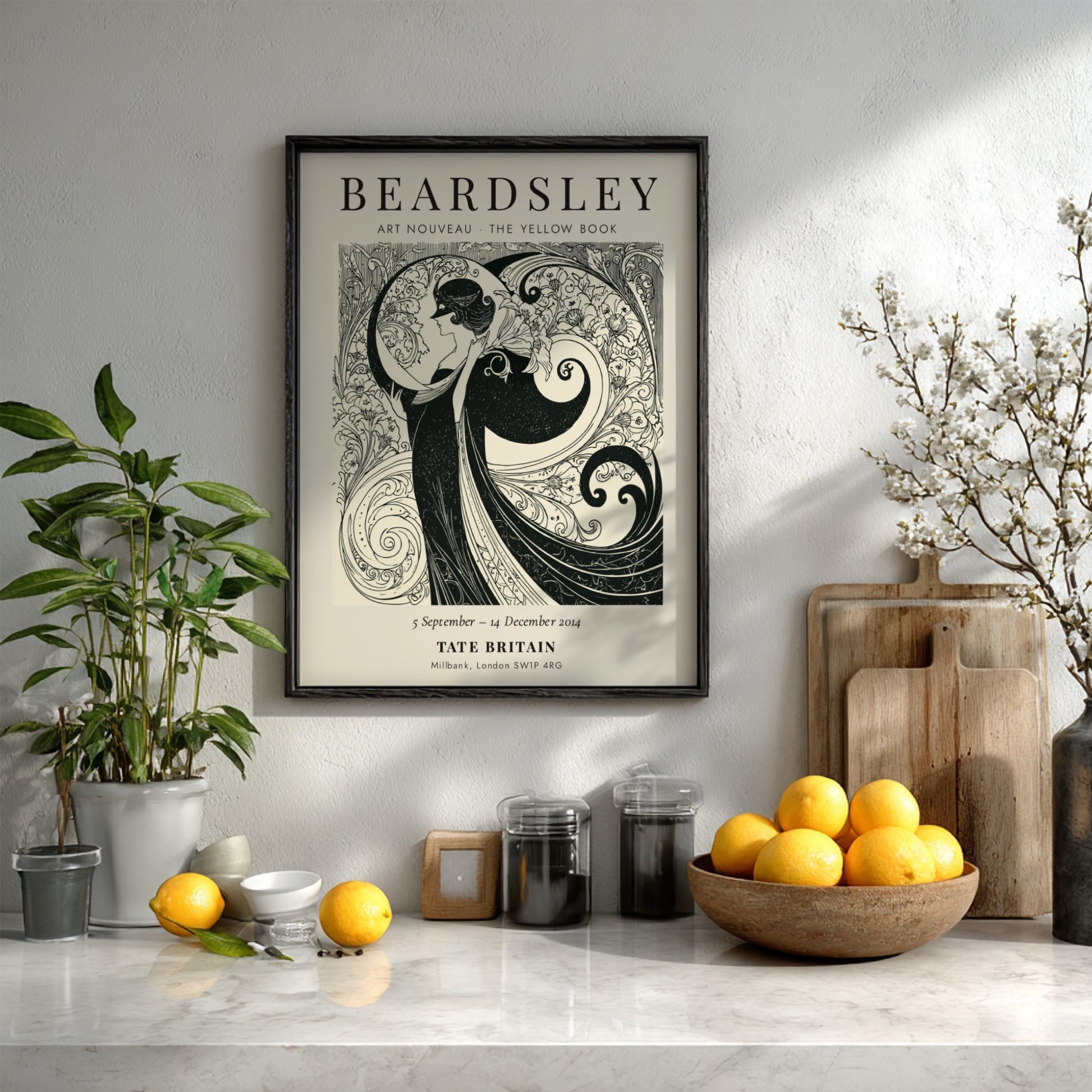 Aubrey Beardsley poster featuring intricate Art Nouveau design in monochrome tones