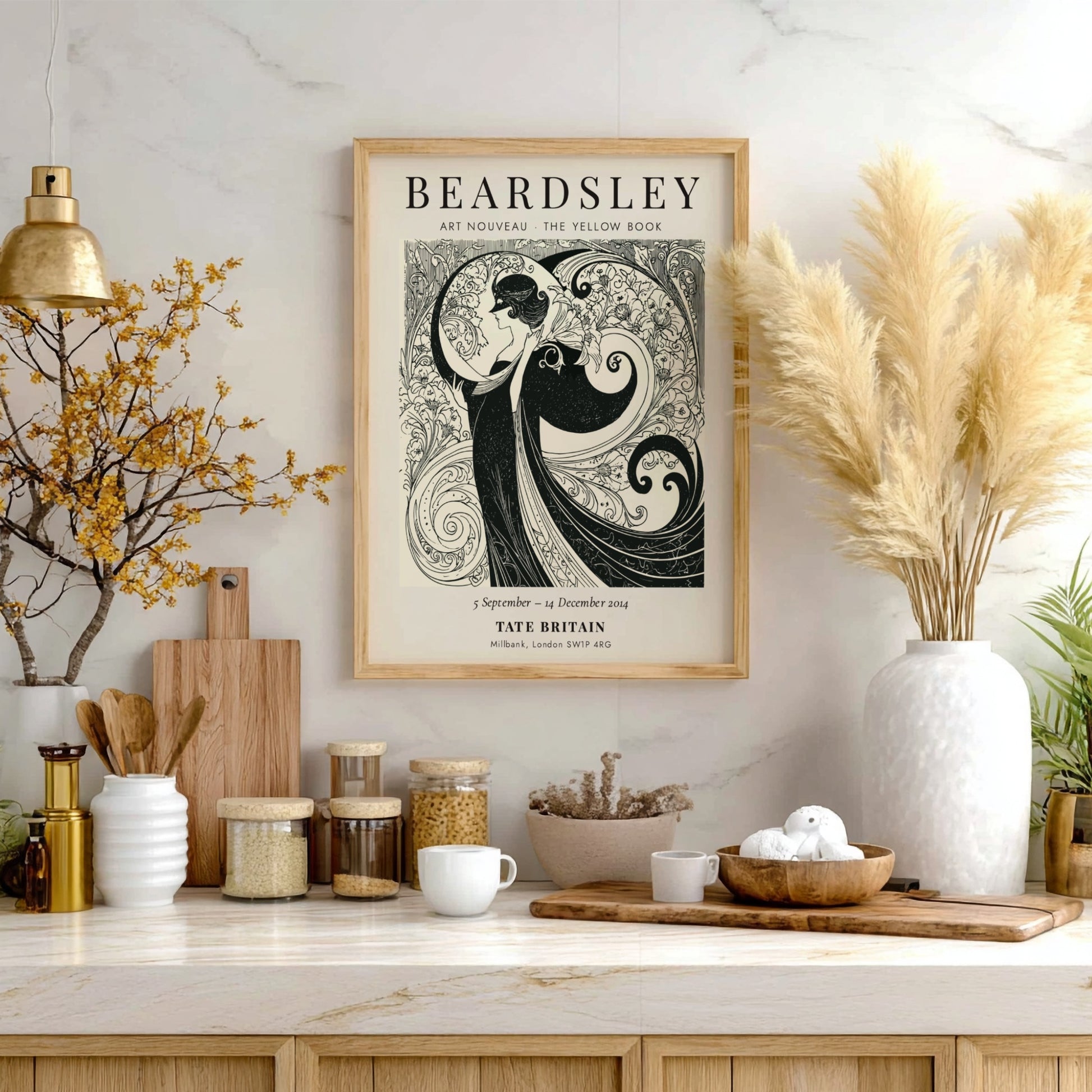 Aubrey Beardsley poster featuring intricate Art Nouveau design in monochrome tones