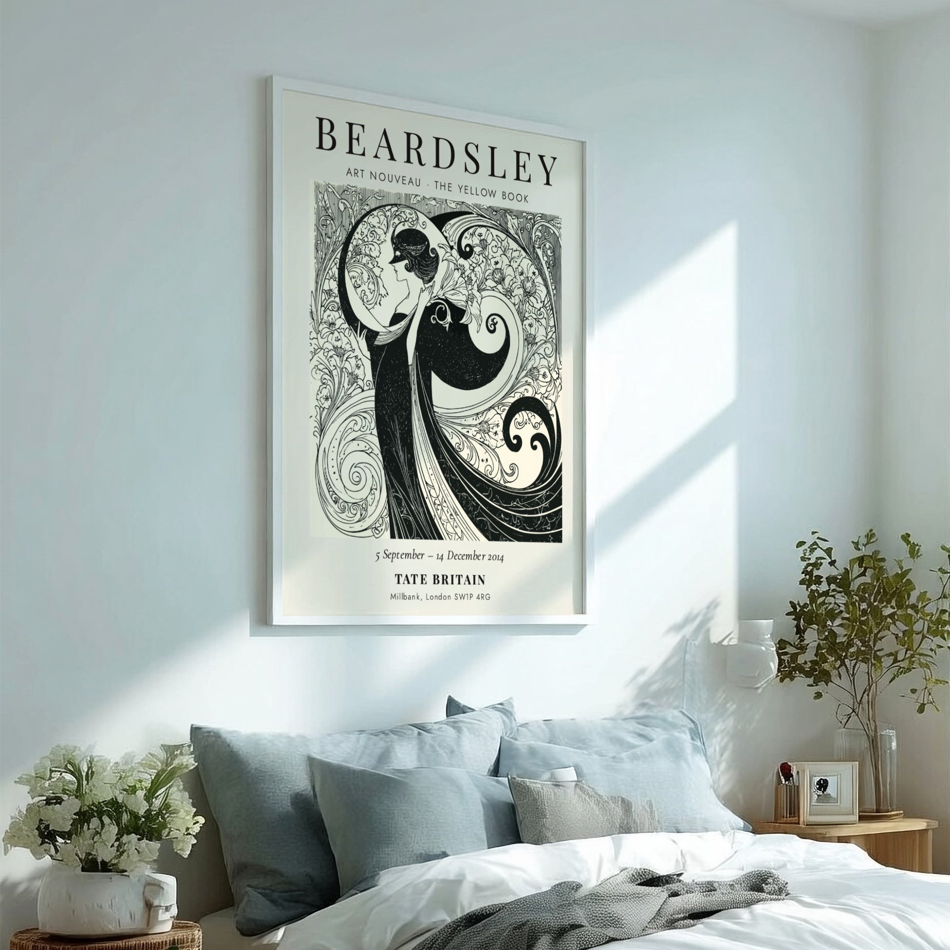 Aubrey Beardsley poster featuring intricate Art Nouveau design in monochrome tones