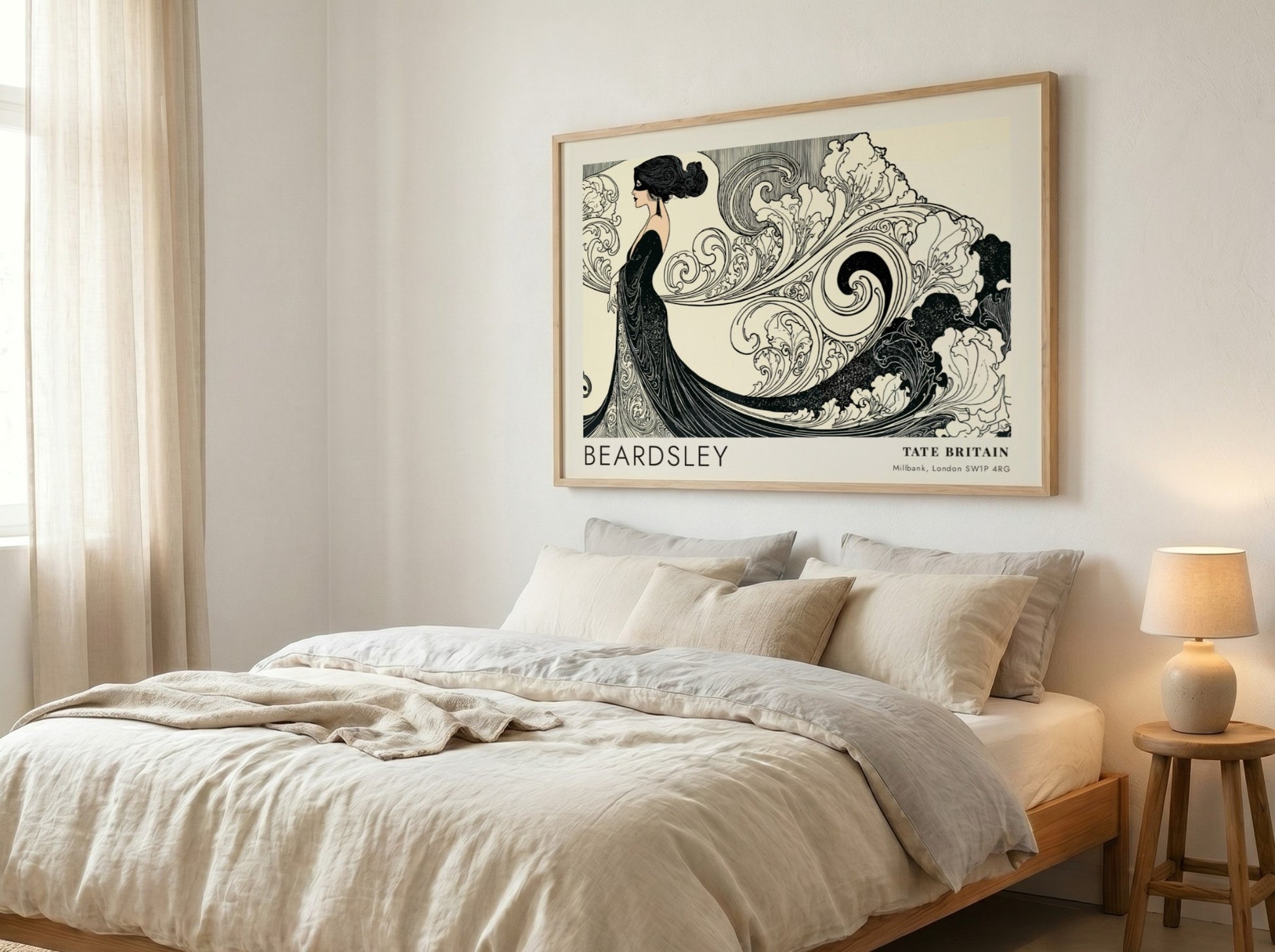 Wall art poster featuring Aubrey Beardsley illustration with flowing lines at Tate Britain.