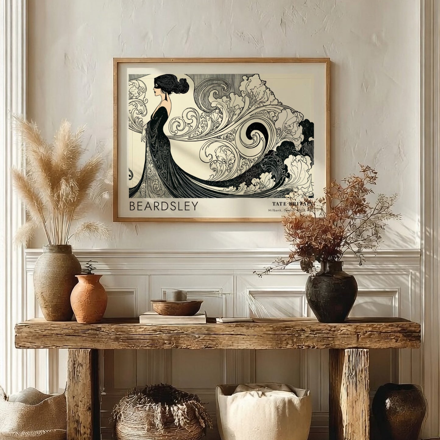 Wall art poster featuring Aubrey Beardsley illustration with flowing lines at Tate Britain.