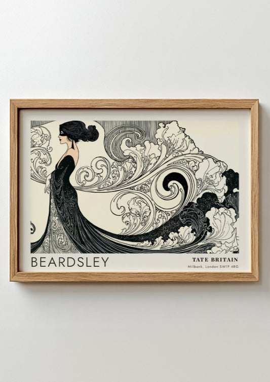 Wall art poster featuring Aubrey Beardsley illustration with flowing lines at Tate Britain.