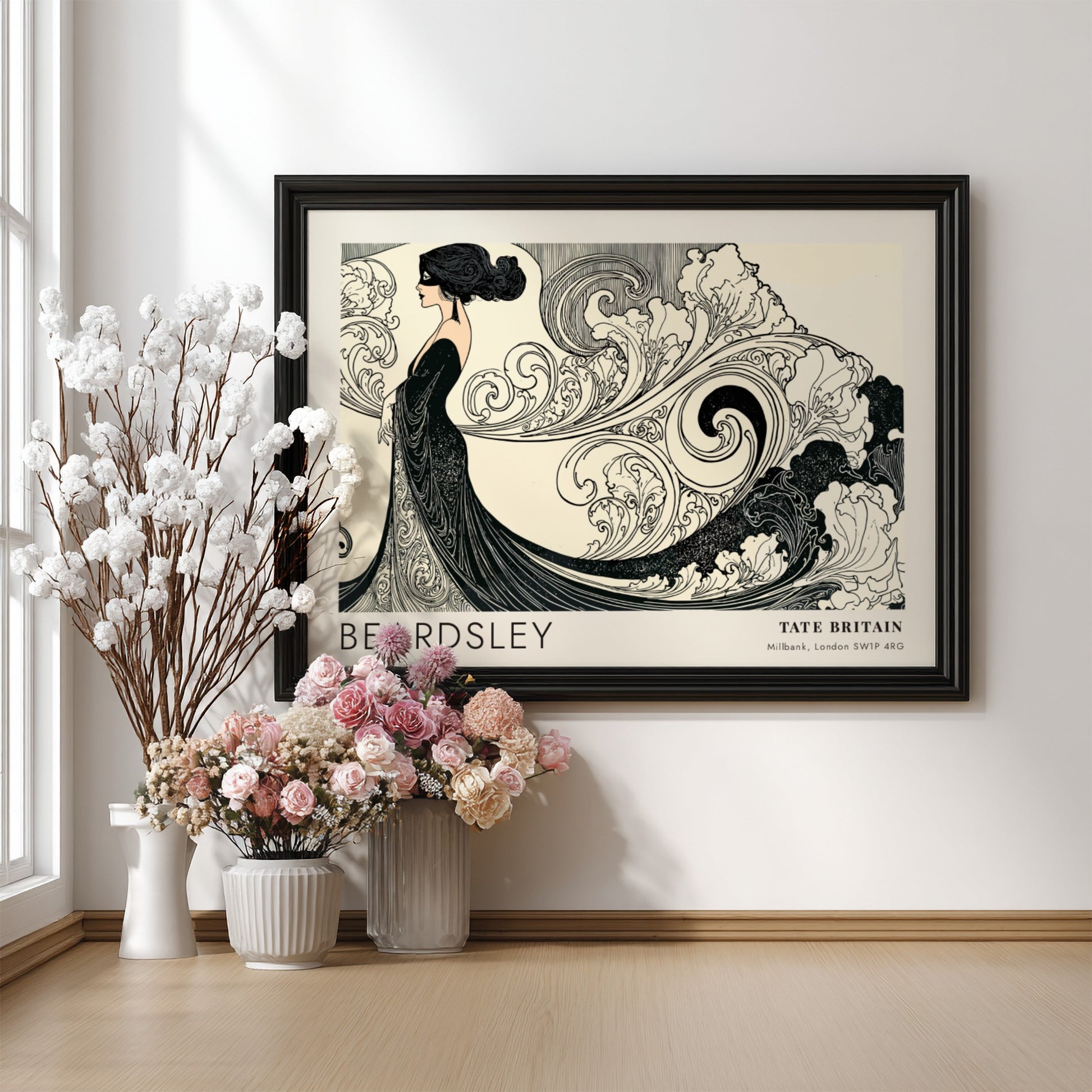 Wall art poster featuring Aubrey Beardsley illustration with flowing lines at Tate Britain.
