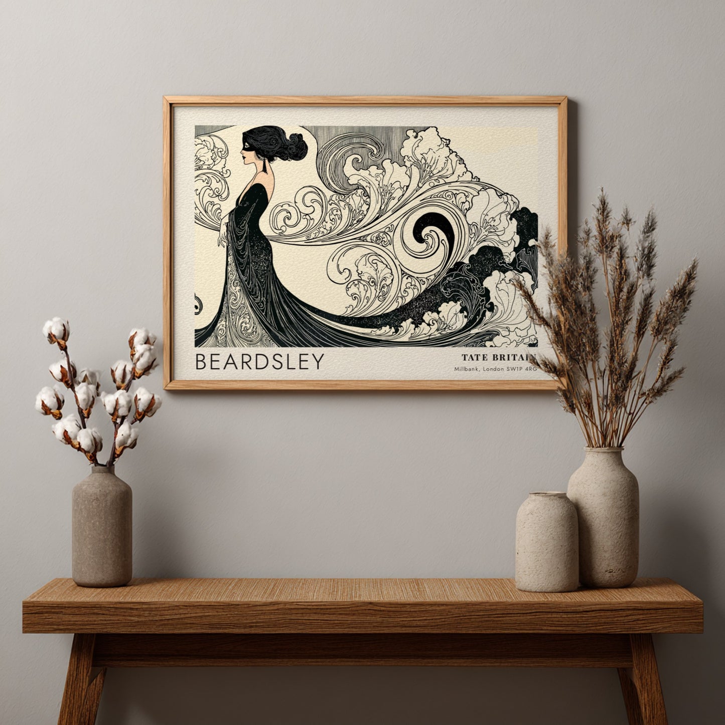 Wall art poster featuring Aubrey Beardsley illustration with flowing lines at Tate Britain.