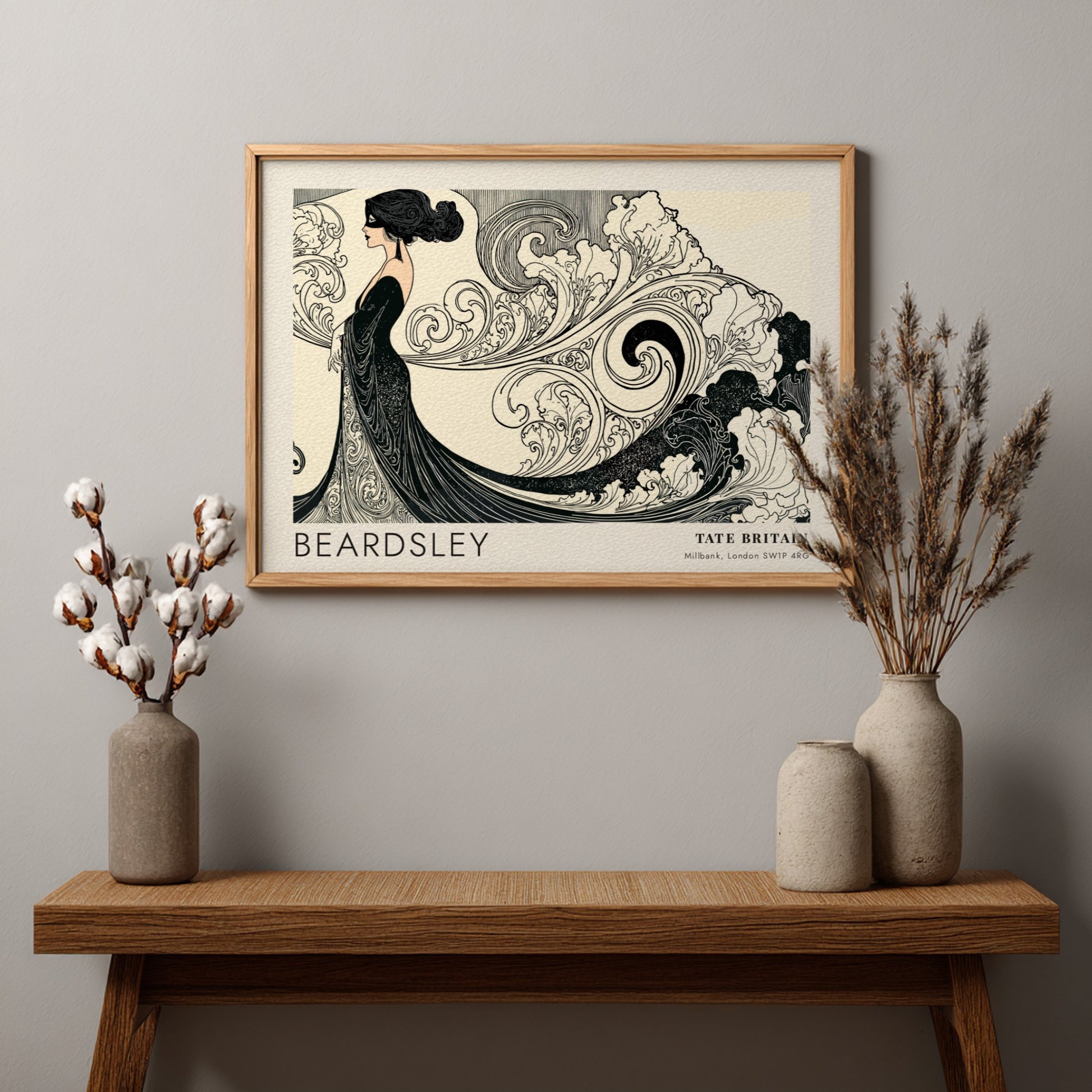 Wall art poster featuring Aubrey Beardsley illustration with flowing lines at Tate Britain.