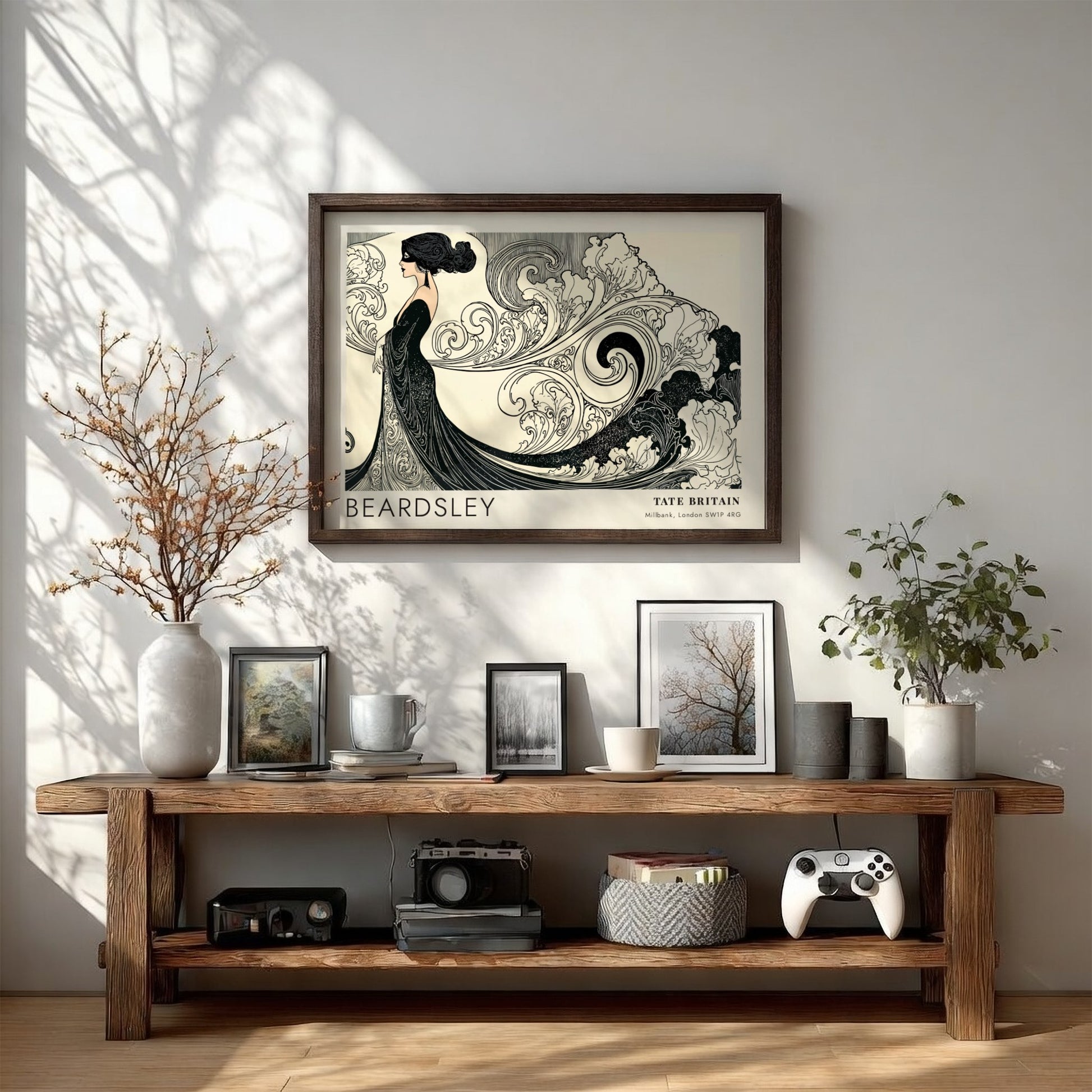 Wall art poster featuring Aubrey Beardsley illustration with flowing lines at Tate Britain.