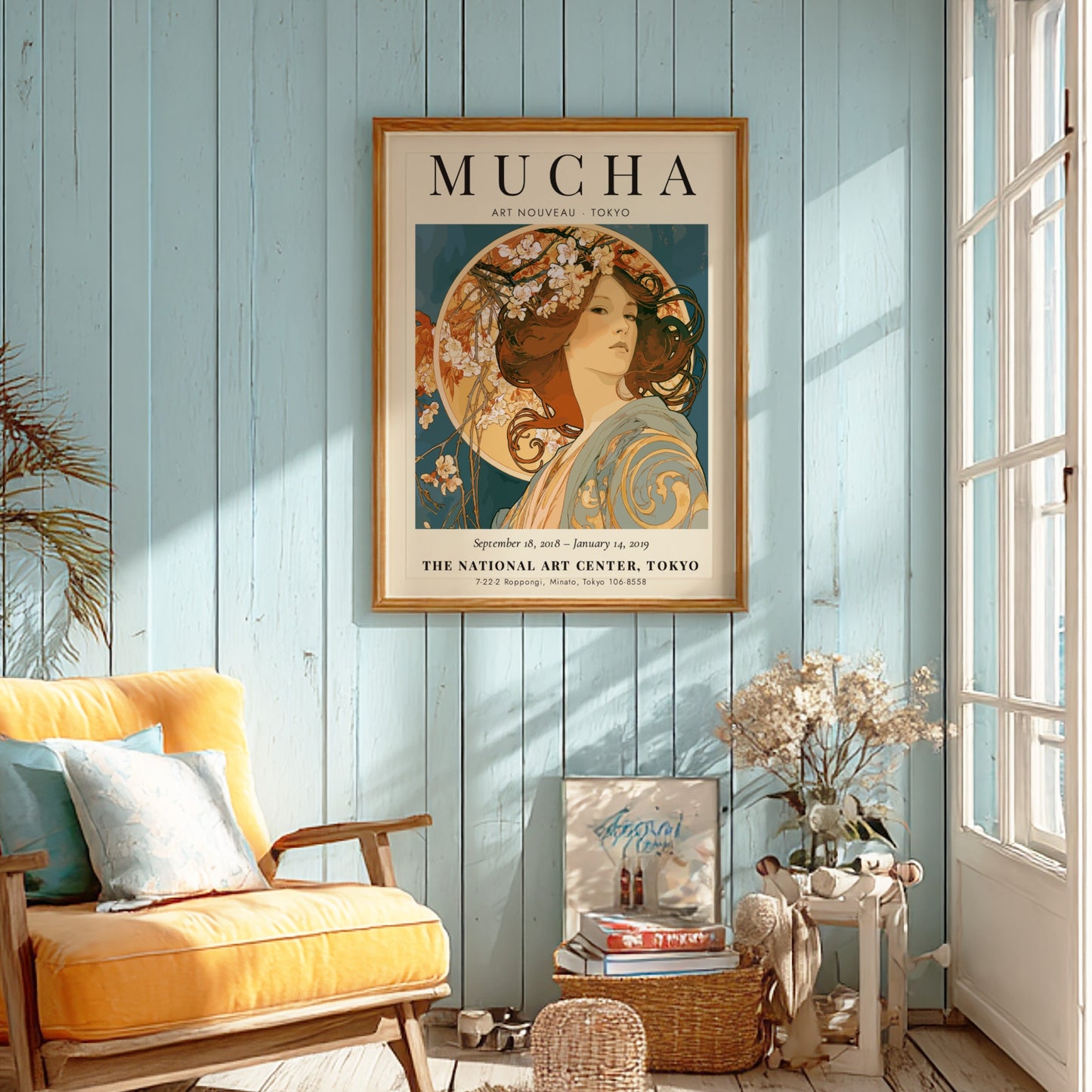 Alphonse Mucha poster showcasing Art Nouveau style with floral elements and elegant colors