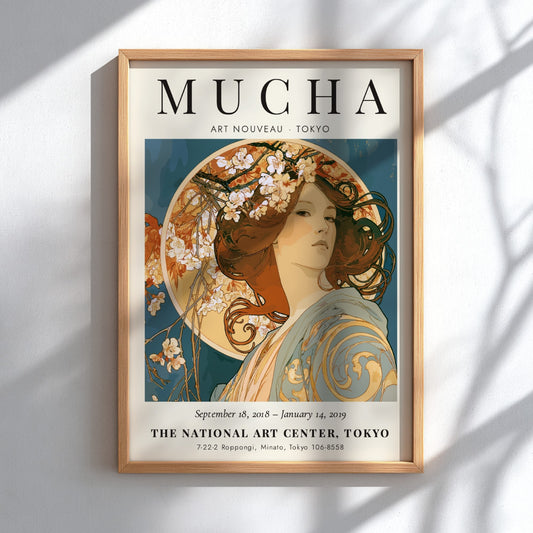 Alphonse Mucha poster showcasing Art Nouveau style with floral elements and elegant colors